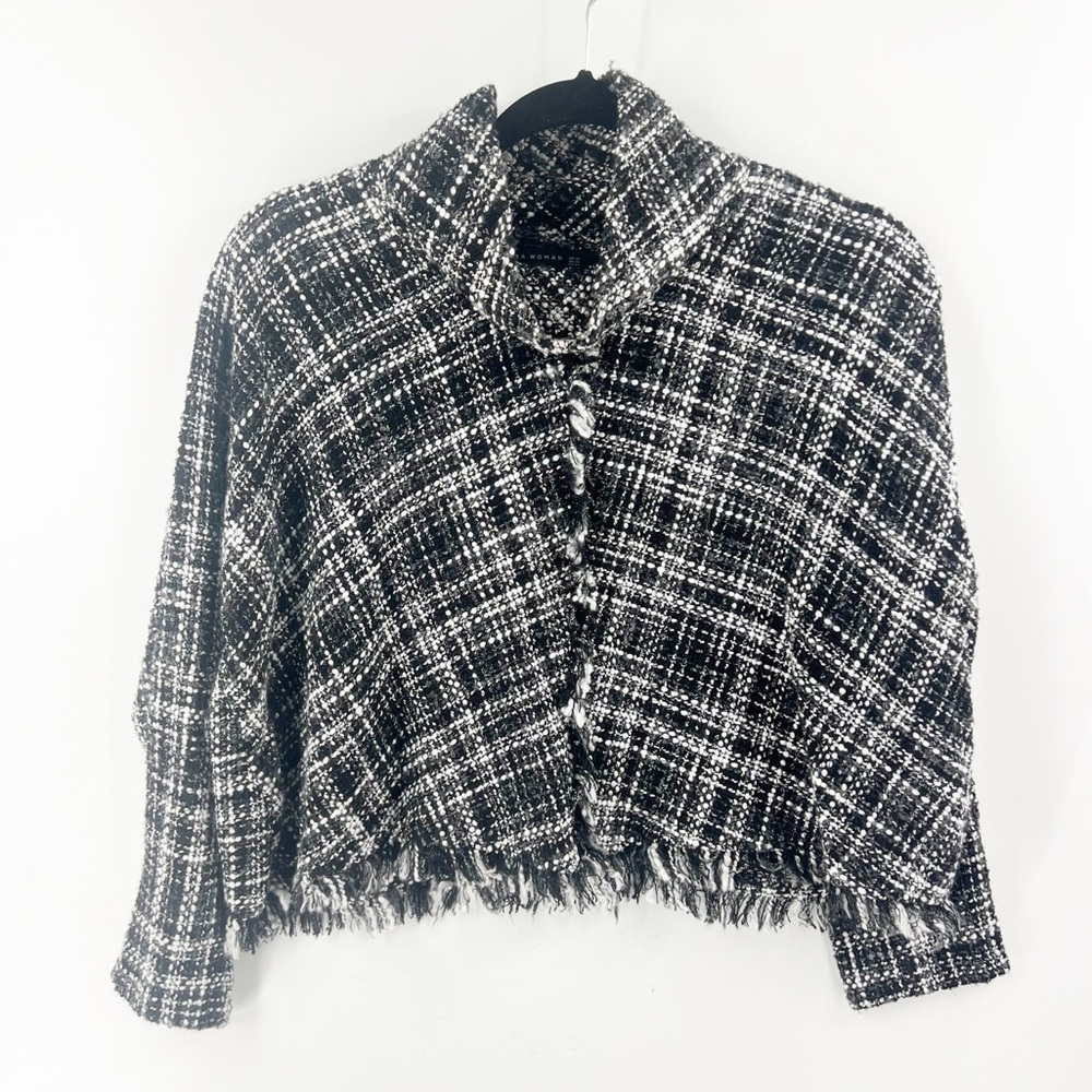 ✅ Zara Tweed Plaid Fringe Sweater Jacket Crop Shrug Black‎ White XS Turtleneck